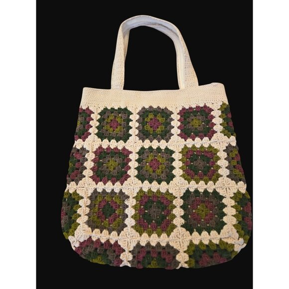 Handmade Crochet Granny Square Tote Bag With Multicolor Pattern & Beige Base - Picture 1 of 11